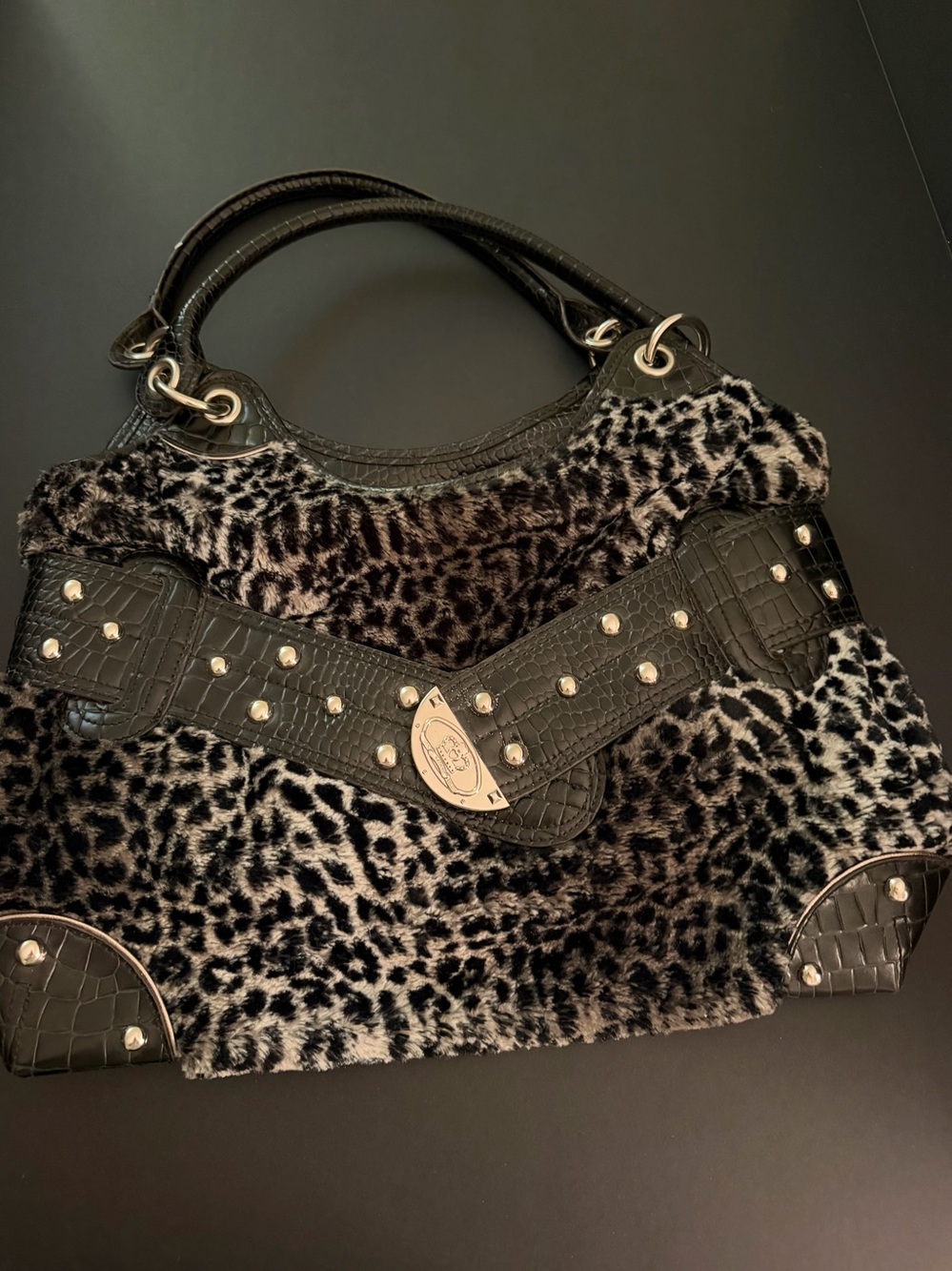 Kathy Van Zeeland Black and Gray Leopard Faux Fur Purse Y2K